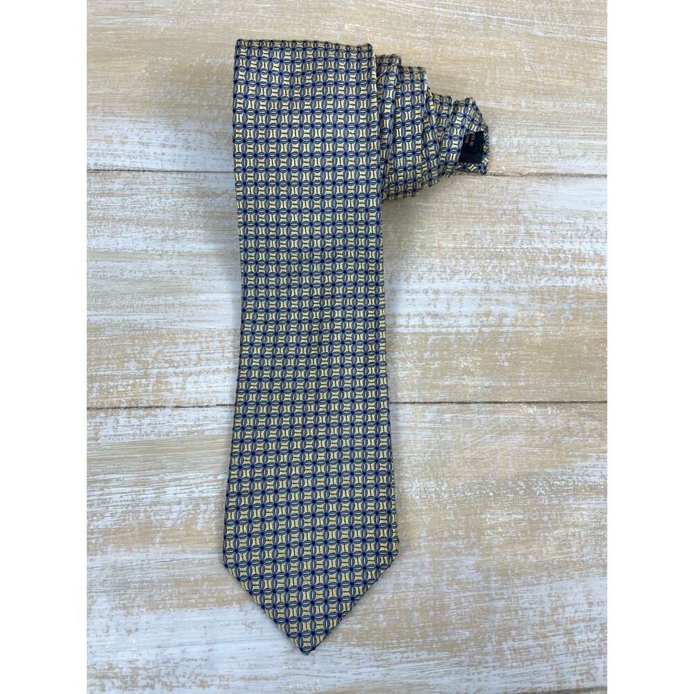 Brooks Brothers Makers Mens Tie Gold & Lt. Blue Geometric Pure Silk 62” x 3.75”